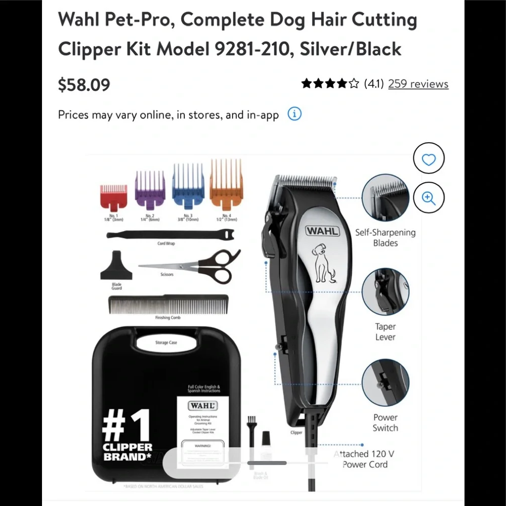 {Wahl} Pet-Pro, Complete Dog Hair Cutting Clipper Kit, Silver/Black